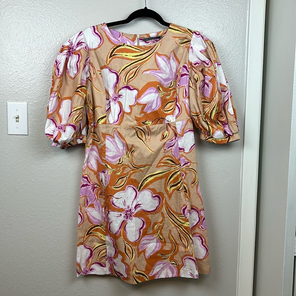 Michelle Belau Floral Puff Sleeve Dress Size L+ with Pockets Mini Length